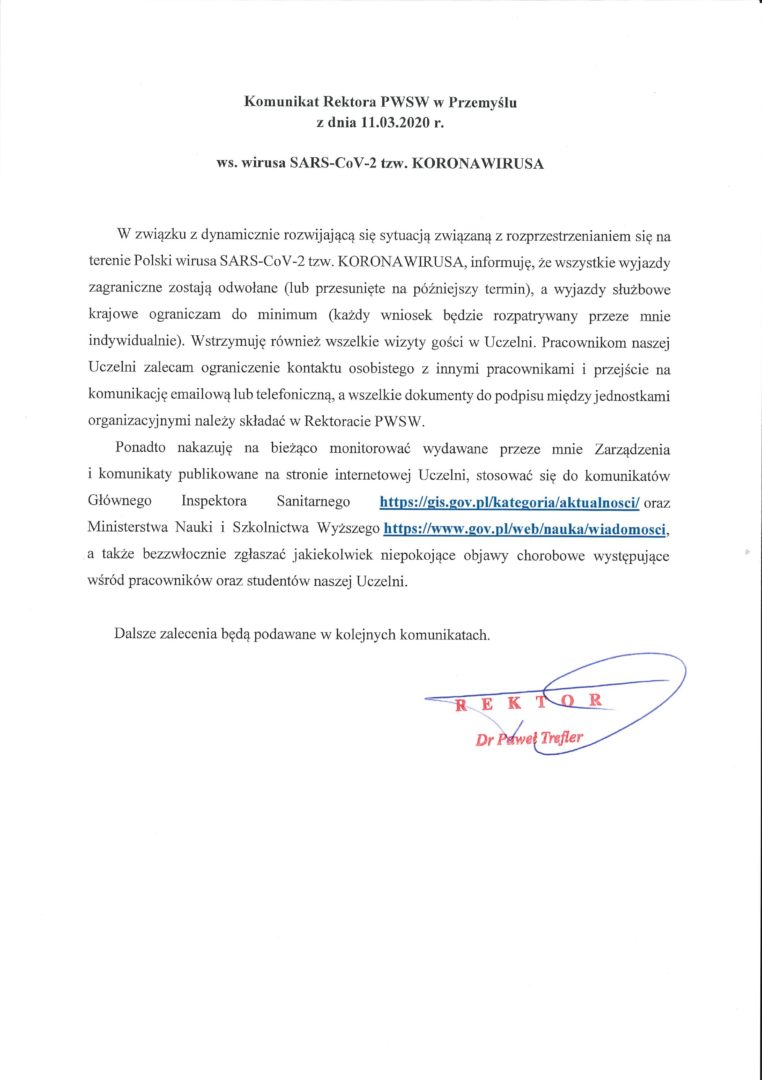 Komunikat Rektora PWSW w Przemyślu z dnia 11.03.2020 r. ws. wirusa SARS-CoV-2 tzw. KORONAWIRUSA